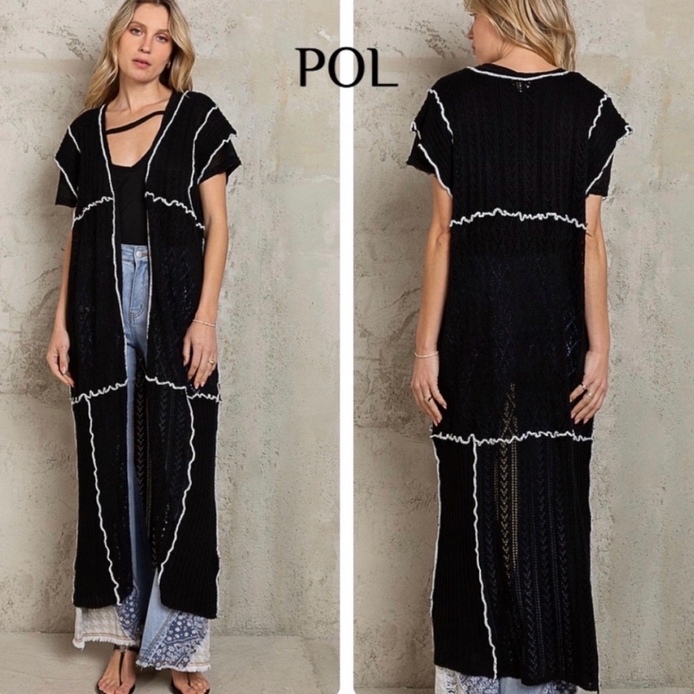 Black Long Length Knit Open Front Cardigan Duster - Picture 9 of 15